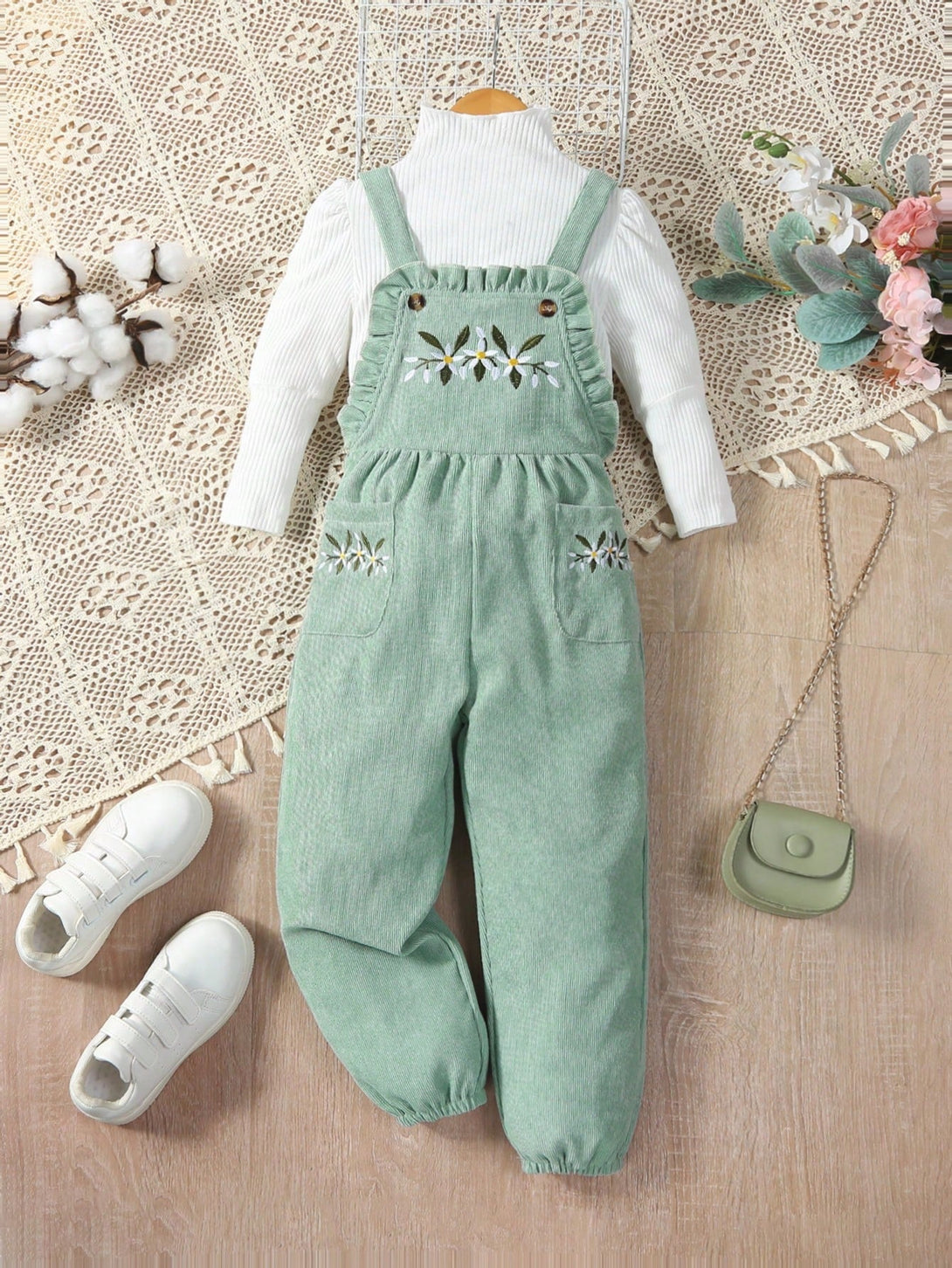 Young Girl Mock Neck Tee & Embroidery Floral Pattern Overall Jumpsuit - Negative Apparel