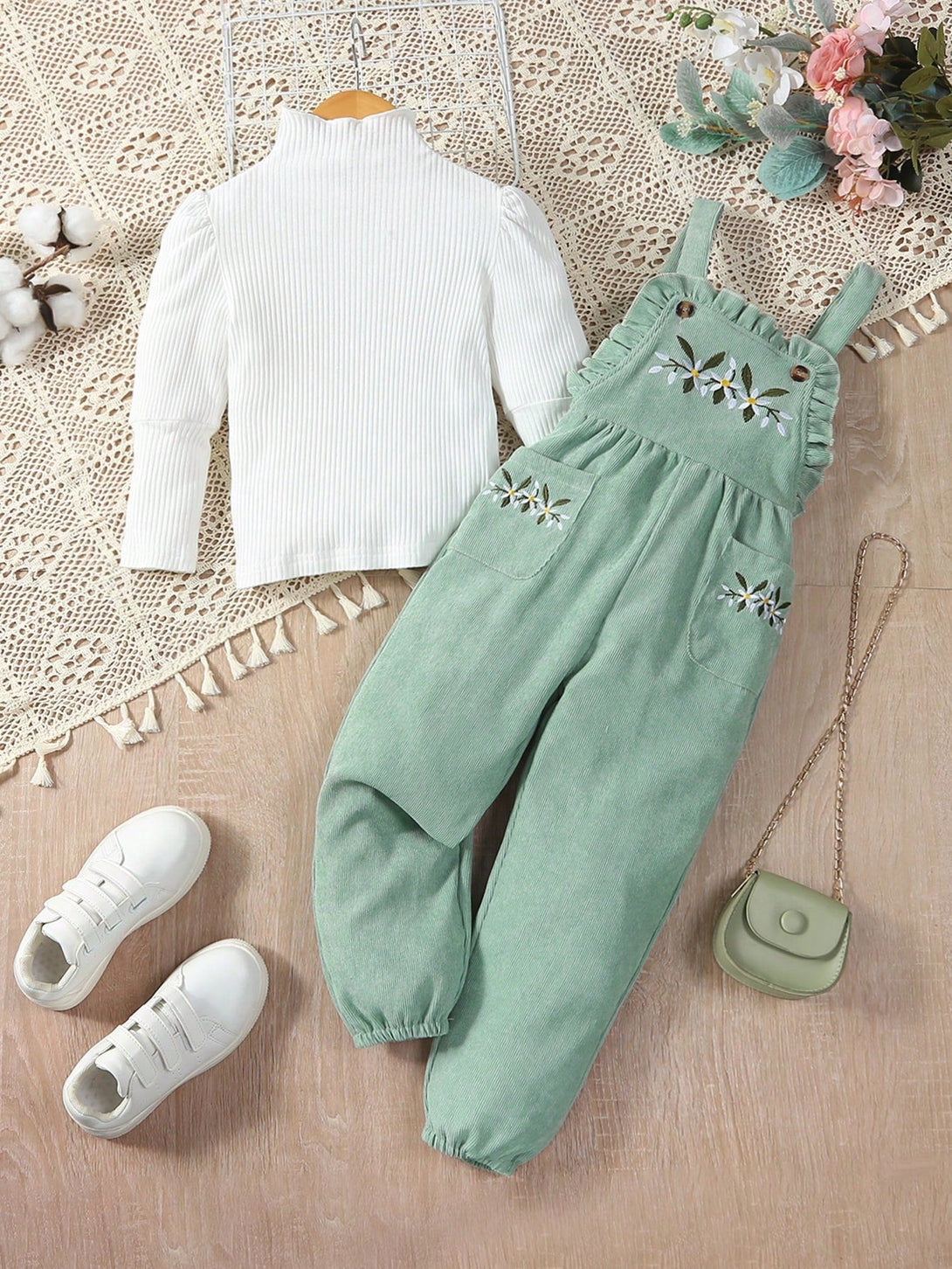 Young Girl Mock Neck Tee & Embroidery Floral Pattern Overall Jumpsuit - Negative Apparel